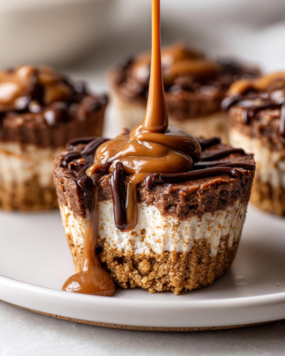 Close-up of a cookie butter cheesecake cup being drizzled with thick caramel sauce and chocolate syrup.