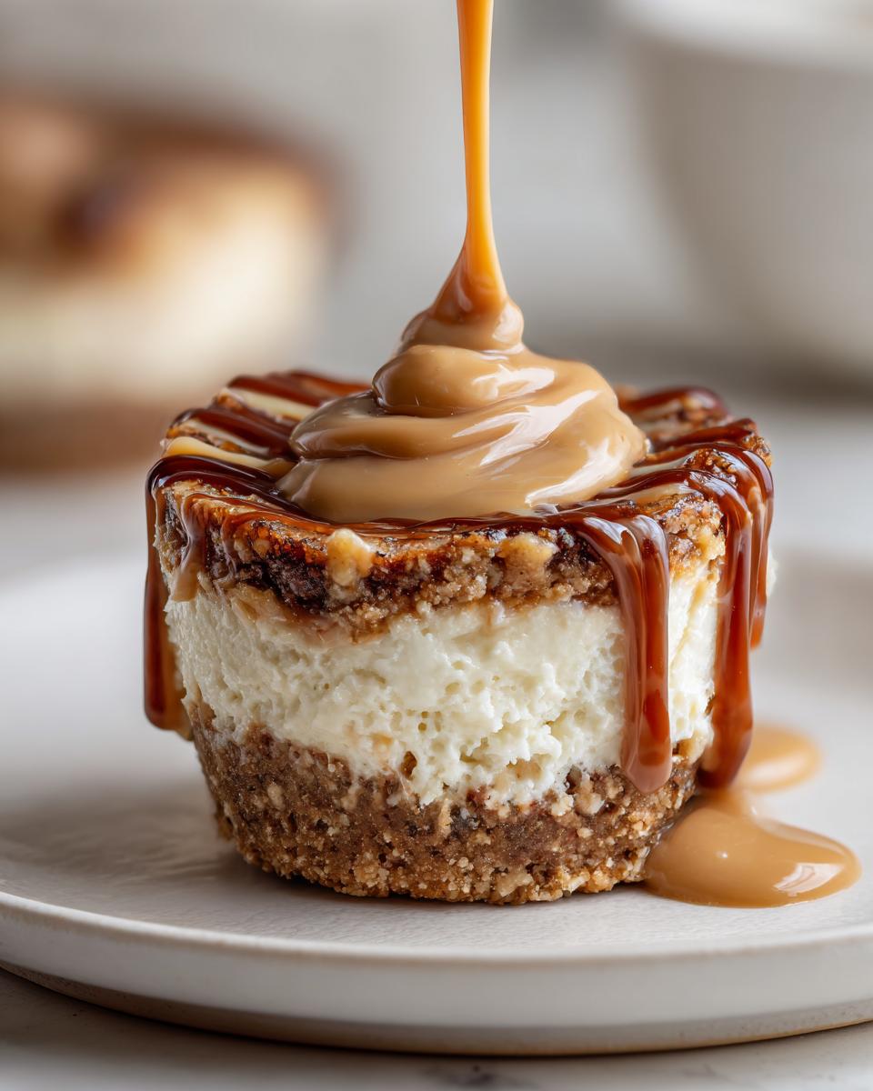 Close-up of a single cookie butter cheesecake cup being drizzled with thick caramel sauce.