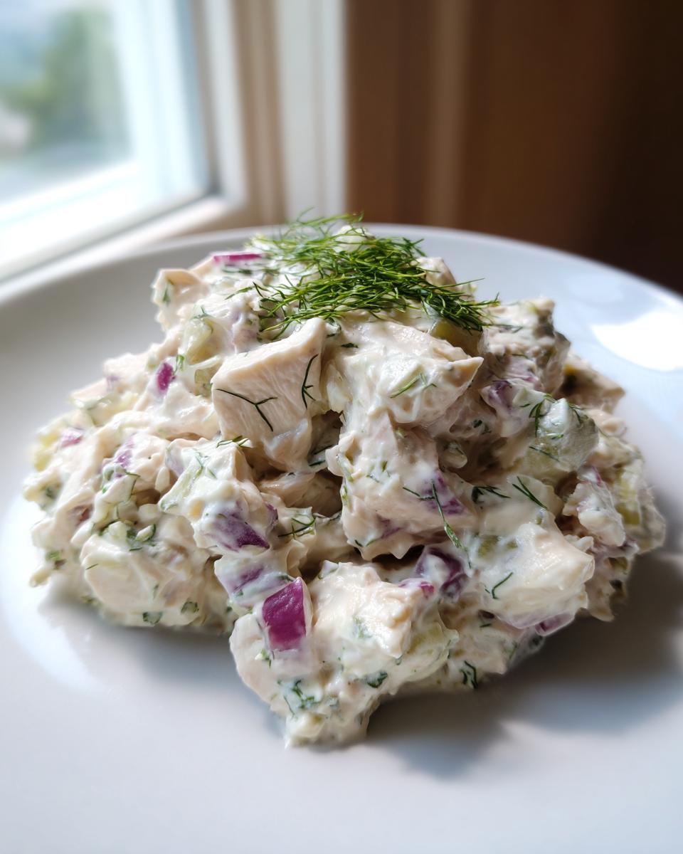 A mound of creamy cottage cheese chicken salad mixed with red onion and topped with fresh dill, served on a white plate.