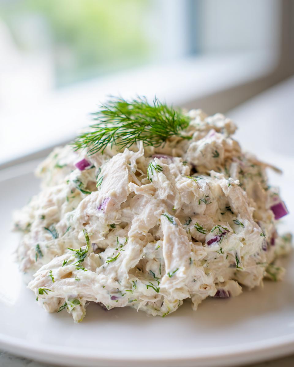 A mound of creamy cottage cheese chicken salad mixed with red onion and topped with fresh dill.