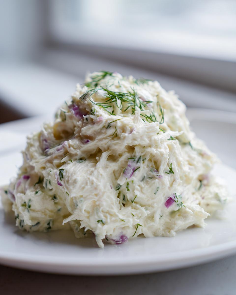 A mound of creamy cottage cheese chicken salad mixed with red onion and fresh dill, served on a white plate.