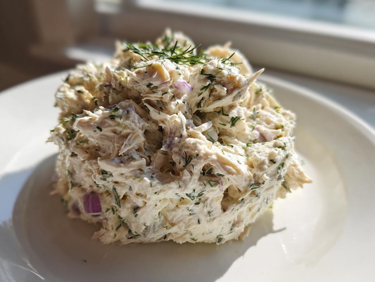 A mound of creamy cottage cheese chicken salad mixed with herbs and red onion, served on a white plate.