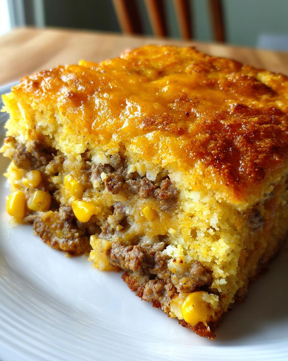 A close-up slice of cowboy cornbread casserole showing layers of ground meat, corn, and a melted cheddar cheese top.