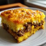 Close-up of a square slice of cowboy cornbread casserole showing a layer of seasoned ground beef and corn filling.