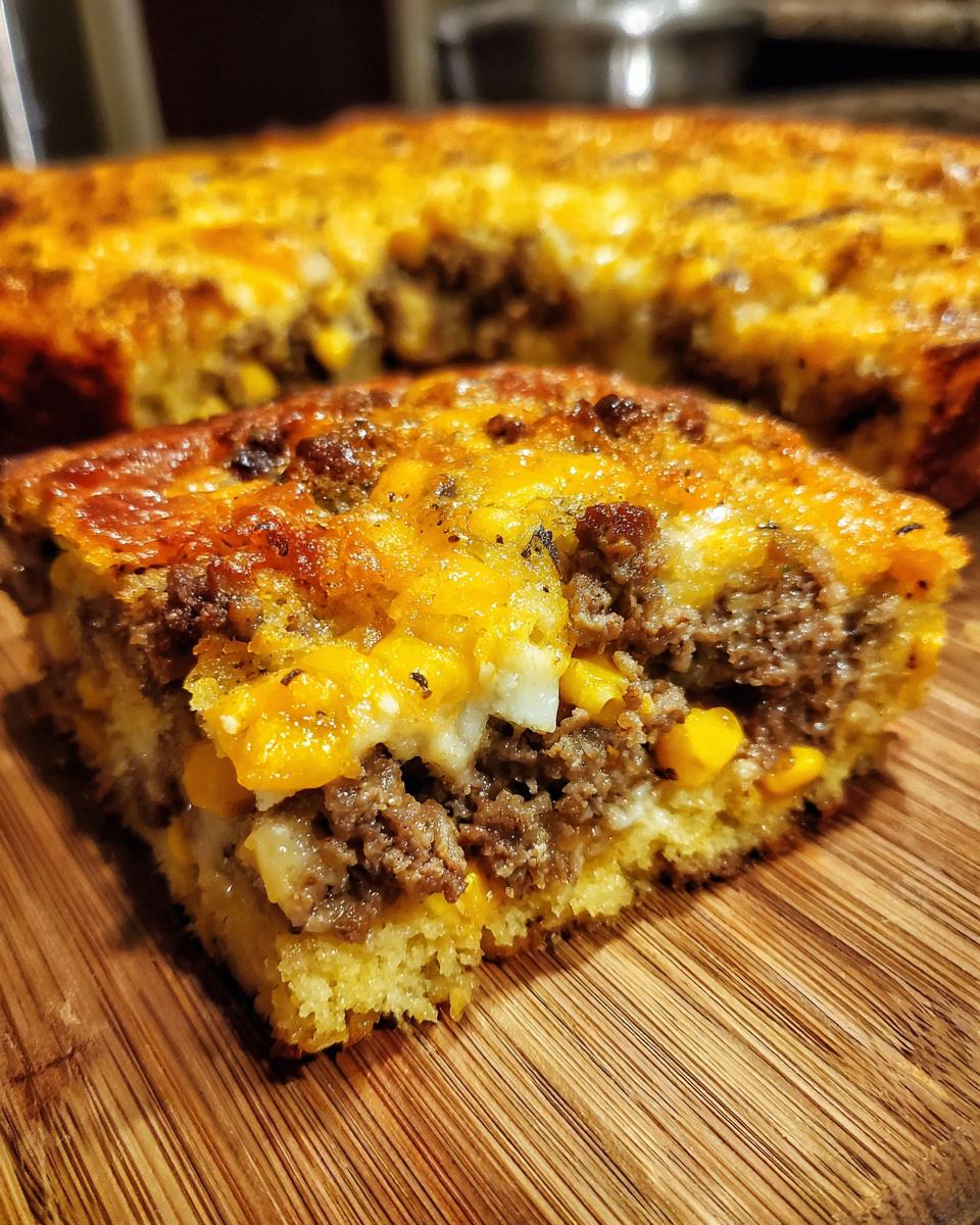 Close-up of a hearty slice of cowboy cornbread casserole featuring ground beef, corn, and melted cheese.