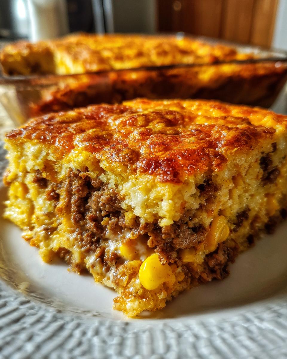 A close-up slice of cowboy cornbread casserole showing layers of seasoned ground meat, corn, and cheesy cornbread topping.