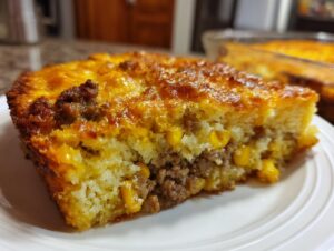 Close-up of a thick slice of cowboy cornbread casserole showing ground meat and corn filling.