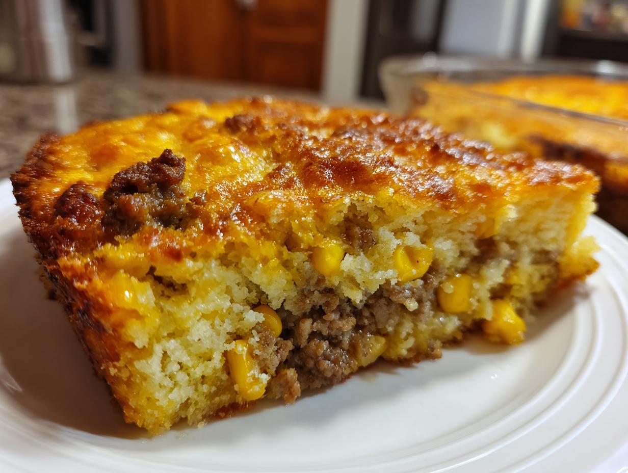Close-up of a thick slice of cowboy cornbread casserole showing ground meat and corn filling.