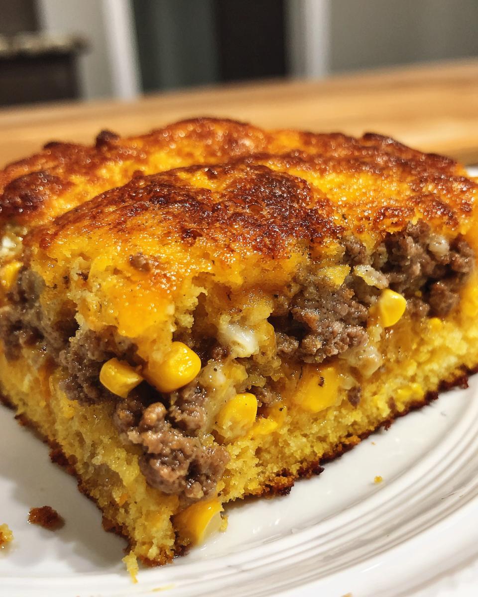 Close-up of a hearty slice of cowboy cornbread casserole showing browned top, yellow cornbread, ground beef, and corn kernels.