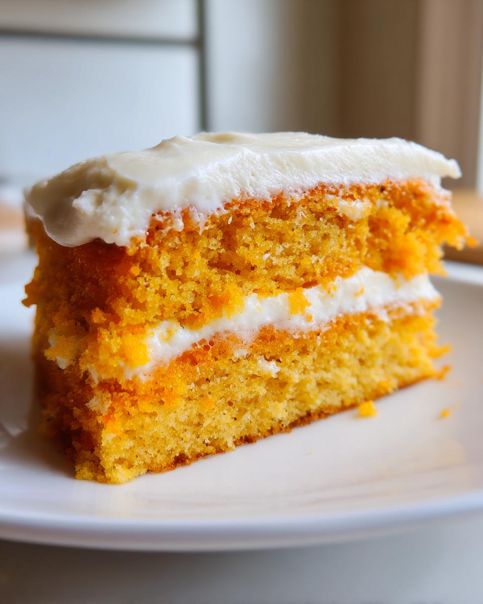 Close-up of a moist, orange-colored slice of Creamsicle Cake layered with white cream cheese frosting.