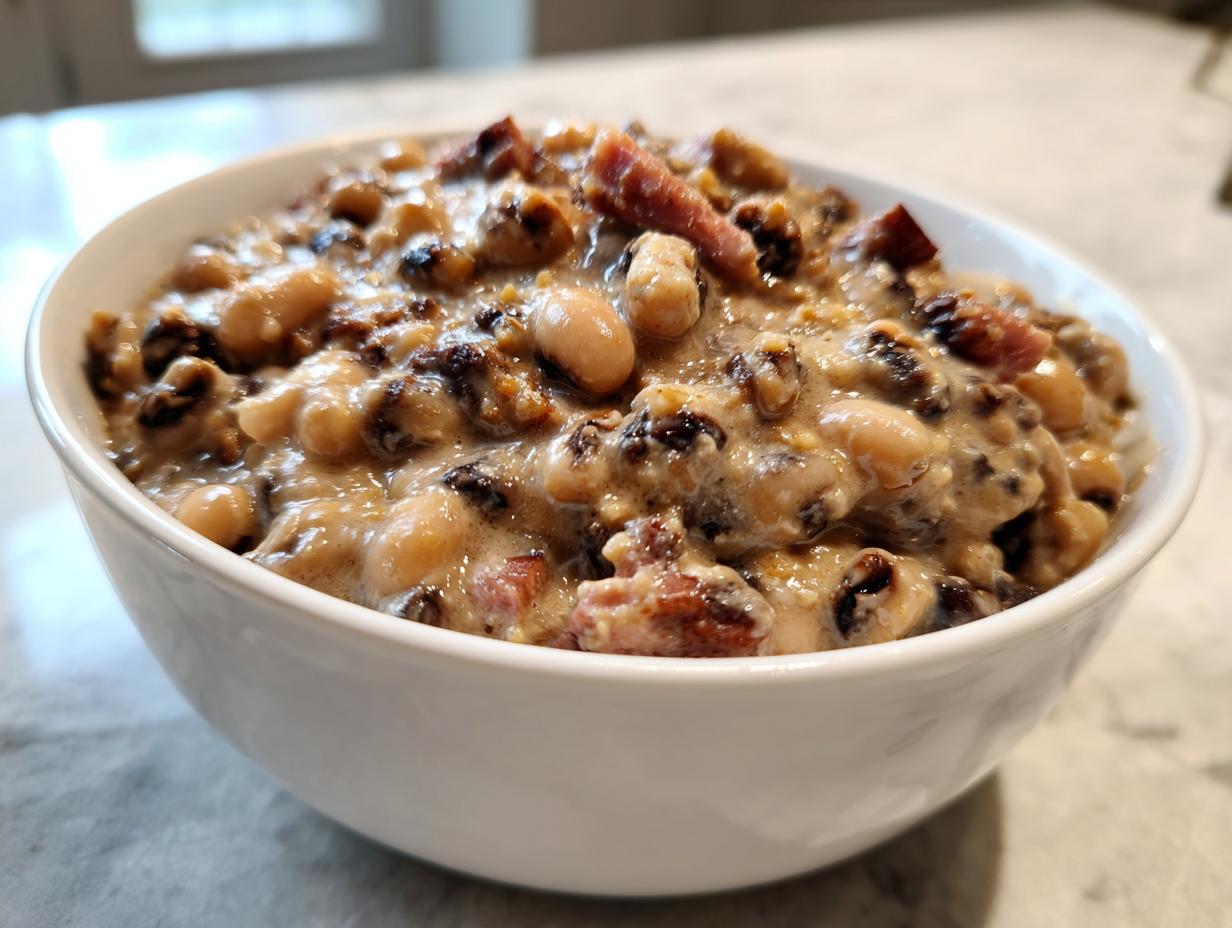 Close-up of a hearty serving of creamy black eyed peas with chunks of smoked meat in a white bowl.