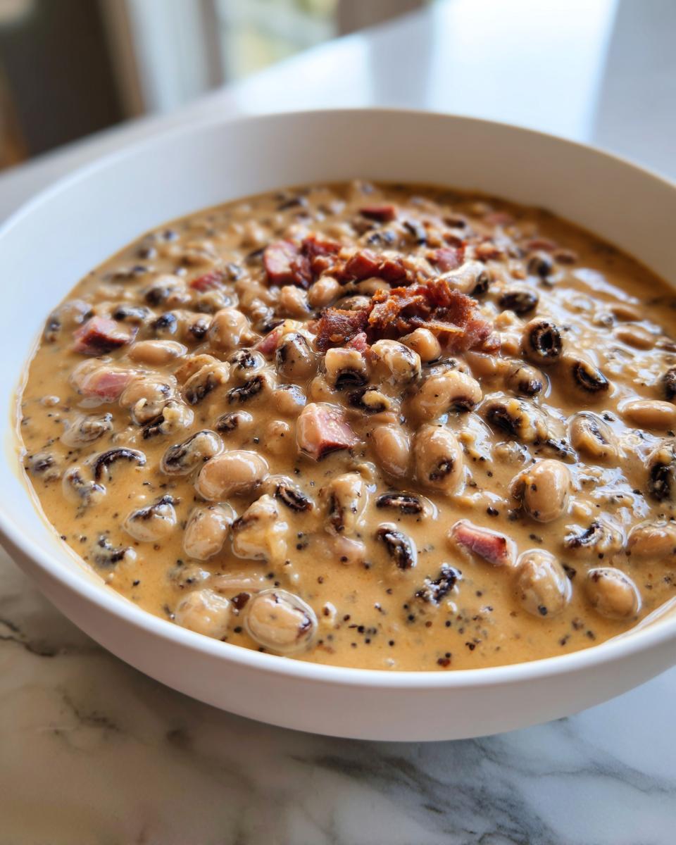 Close-up of a white bowl filled with creamy black eyed peas mixed with ham pieces and topped with crispy bacon.