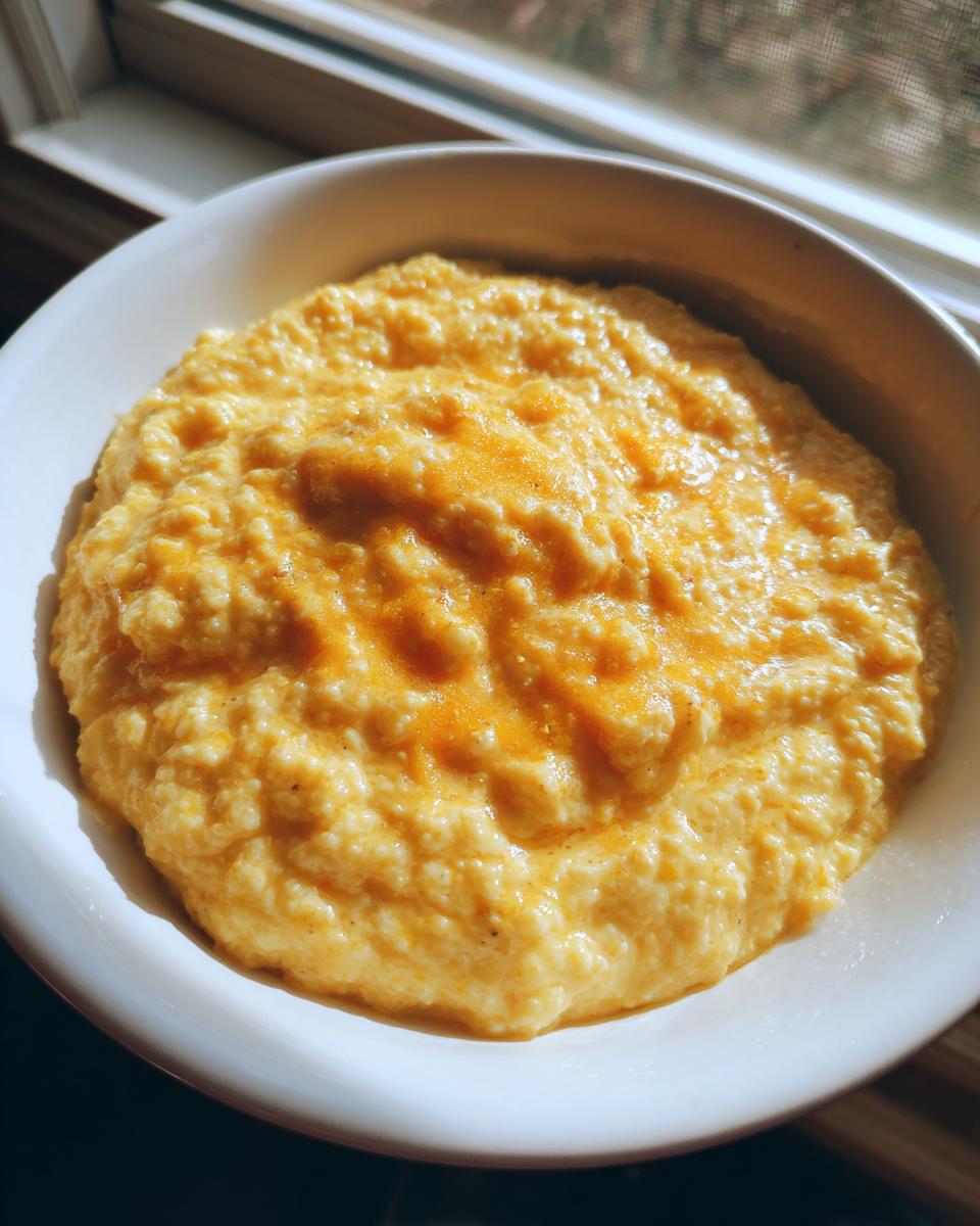 A close-up shot of a white bowl filled with creamy, yellow cheese grits topped with melted cheddar.