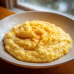 A close-up of a creamy bowl of rich, yellow cheese grits, topped with melted butter and a sprinkle of paprika.