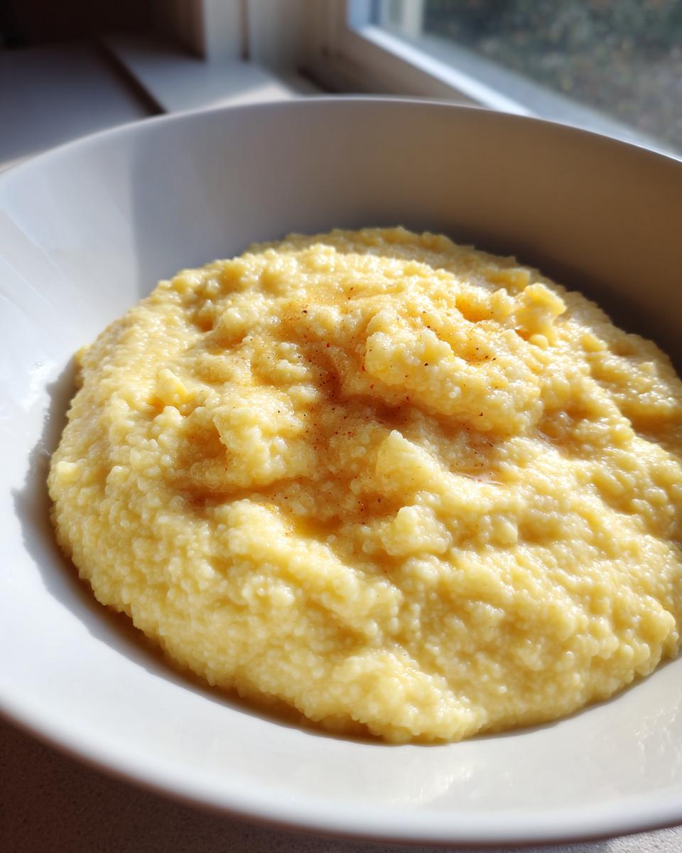 Close-up of a white bowl filled with creamy, yellow cheese grits, topped with melted butter and seasoning.