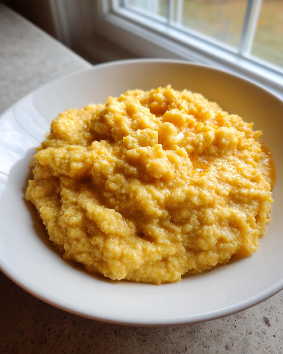 A close-up of a white bowl filled with rich, creamy, yellow cheese grits, set near a bright window.
