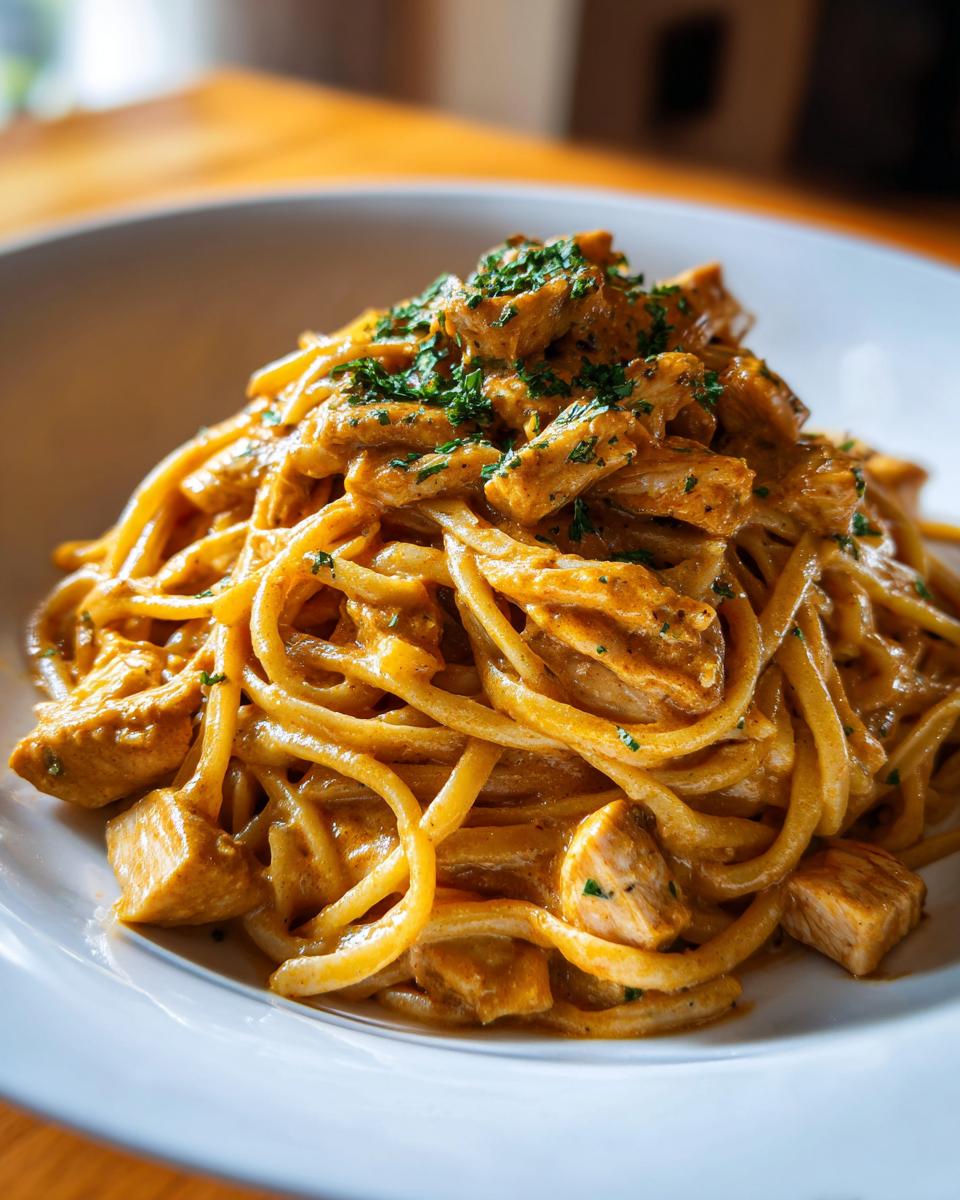 Close-up of a heaping serving of creamy Cajun chicken pasta, garnished with fresh parsley.