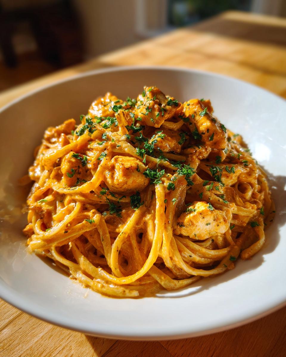 A close-up of creamy Cajun chicken pasta tossed with linguine and topped with fresh parsley.