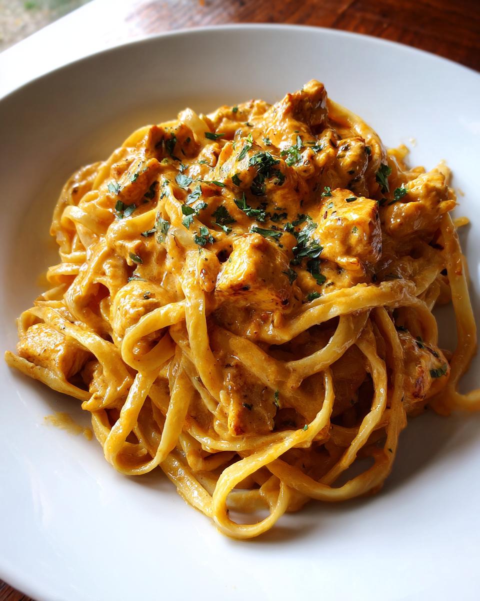 Close-up of creamy cajun chicken pasta featuring fettuccine noodles and chunks of seasoned chicken, garnished with parsley.