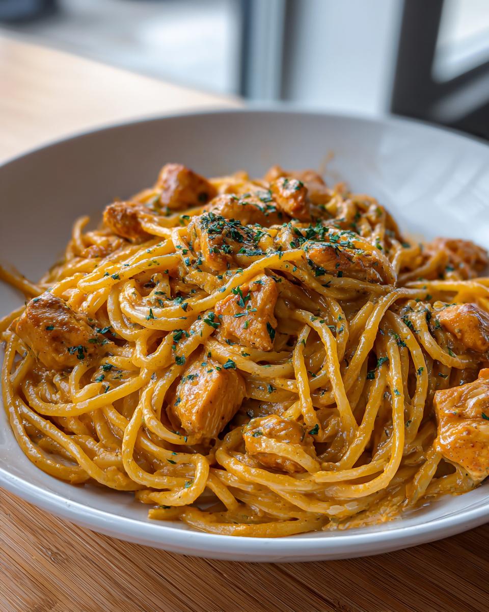 Close-up of a bowl of creamy Cajun chicken pasta, featuring spaghetti coated in an orange sauce with chunks of seasoned chicken.