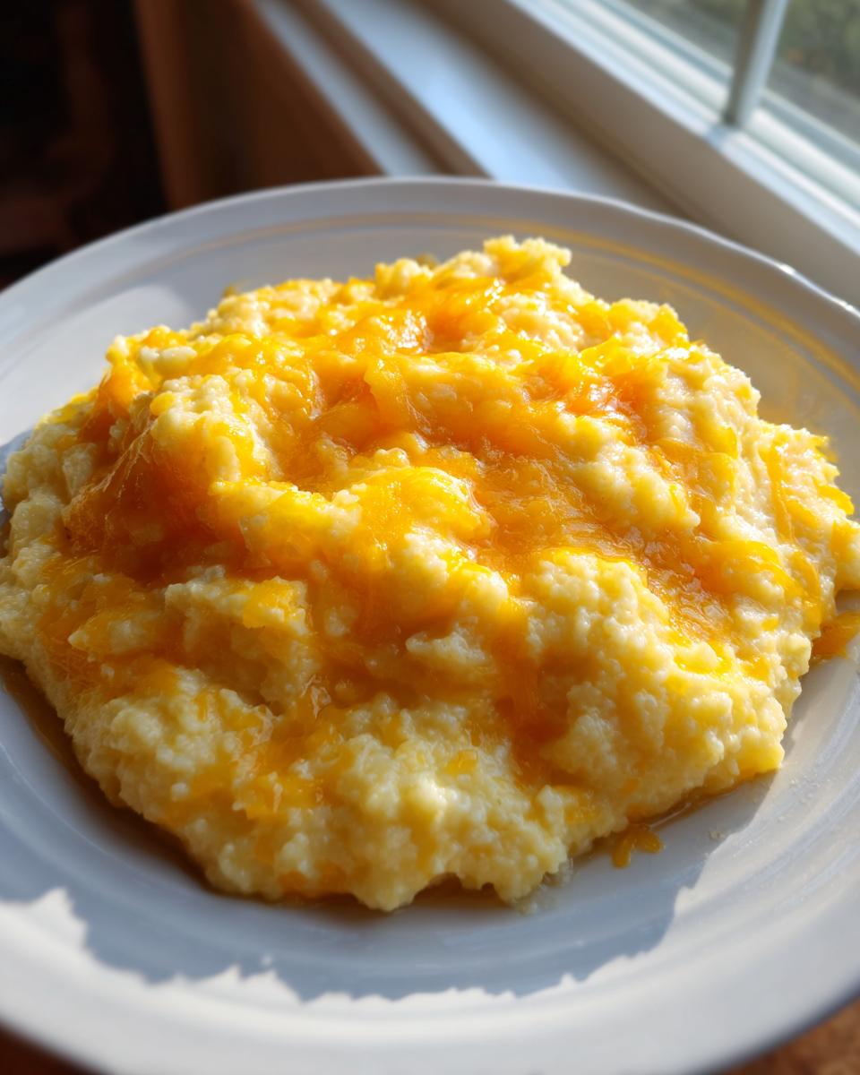 A close-up of creamy cheese grits topped with melted bright orange cheddar cheese on a white plate.