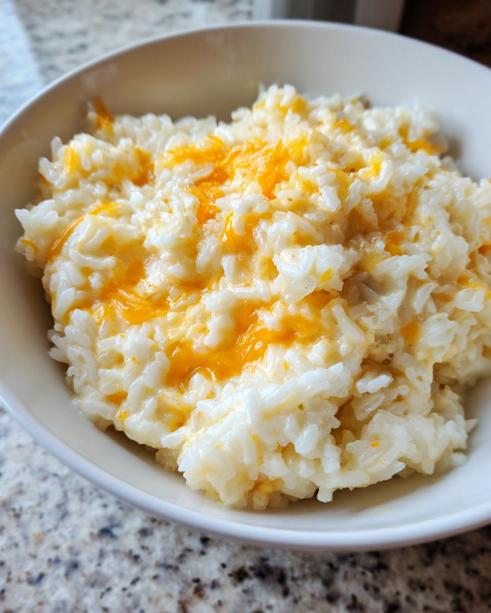 Close-up of creamy cheesy rice topped with melted cheddar cheese served in a white bowl.