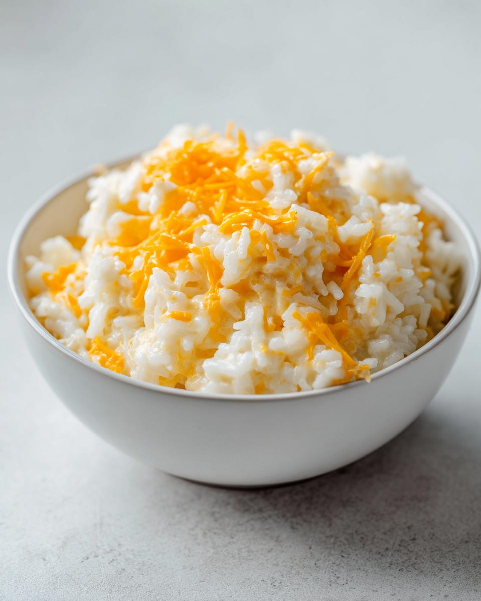 A close-up of creamy cheesy rice topped with shredded cheddar cheese, served in a white bowl.