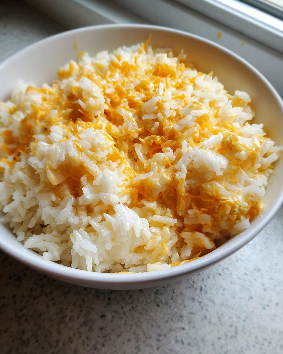 Close-up of a white bowl filled with fluffy white rice topped with melted, shredded cheddar cheese for cheesy rice.