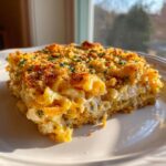 A close-up slice of creamy chicken noodle casserole with a golden, crunchy breadcrumb topping and fresh herbs.