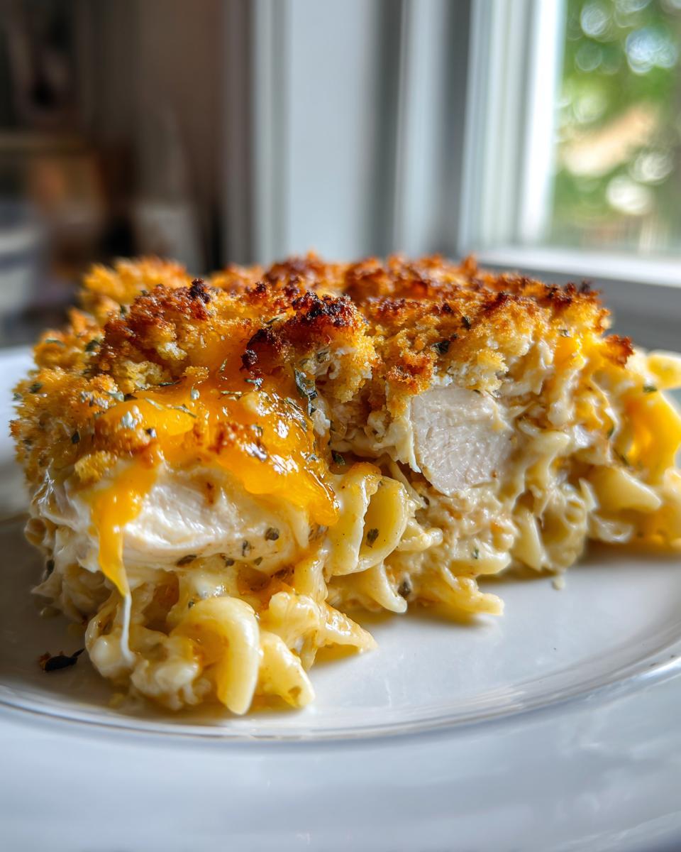 A close-up slice of creamy chicken noodle casserole featuring tender chicken pieces, pasta, and a golden, crispy breadcrumb topping.