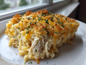 A close-up serving of creamy chicken noodle casserole topped with melted cheddar and golden breadcrumbs.