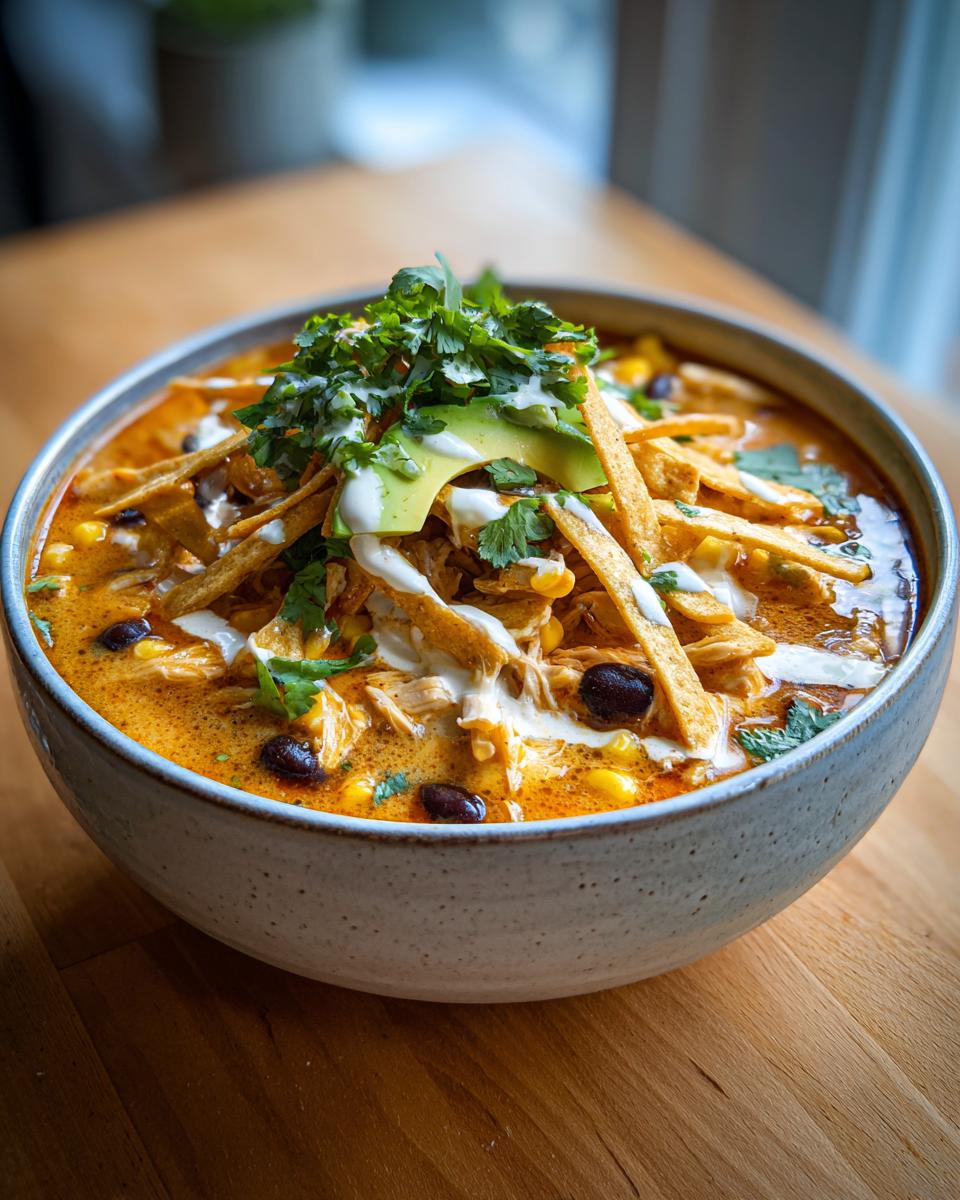 A close-up of a bowl of creamy chicken tortilla soup topped with avocado, cilantro, and tortilla strips.