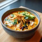 A close-up of creamy chicken tortilla soup topped with avocado, black beans, cilantro, and crispy tortilla strips.