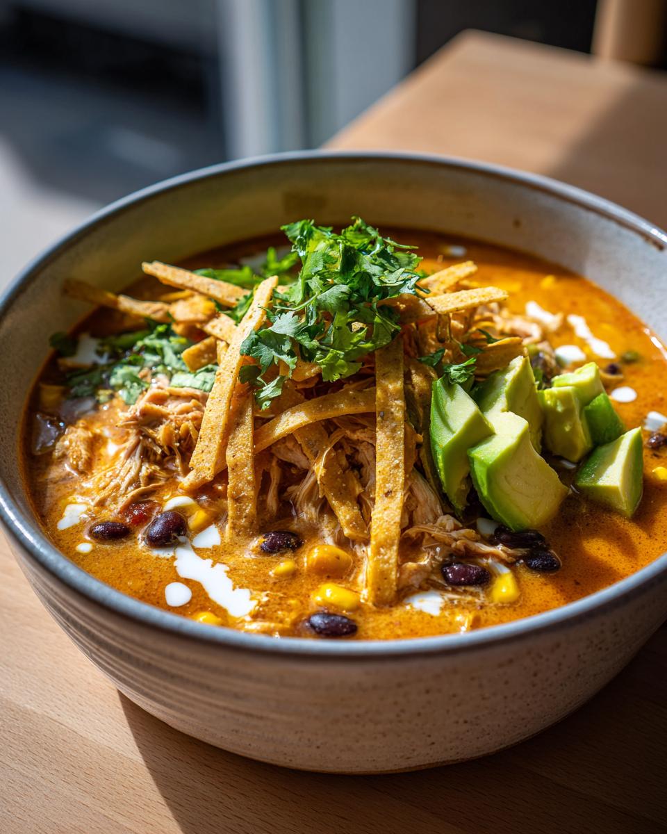 Close-up of a bowl of creamy chicken tortilla soup topped with avocado, tortilla strips, and cilantro.