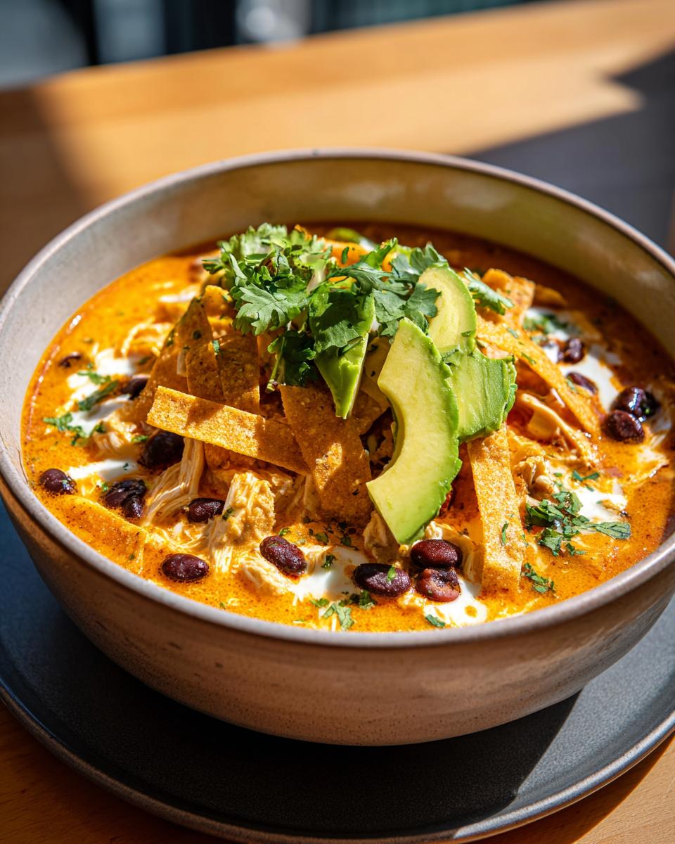Close-up of a rich, creamy chicken tortilla soup topped with avocado, black beans, tortilla strips, and cilantro.