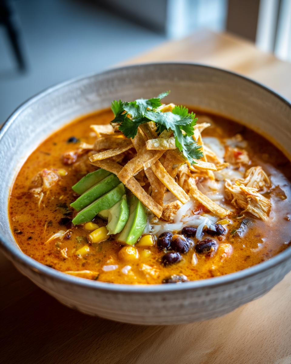 A close-up of a bowl of creamy chicken tortilla soup topped with avocado slices, crispy tortilla strips, and cilantro.