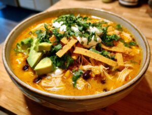 Close-up of a bowl of creamy chicken tortilla soup topped with avocado, sour cream, and tortilla strips.