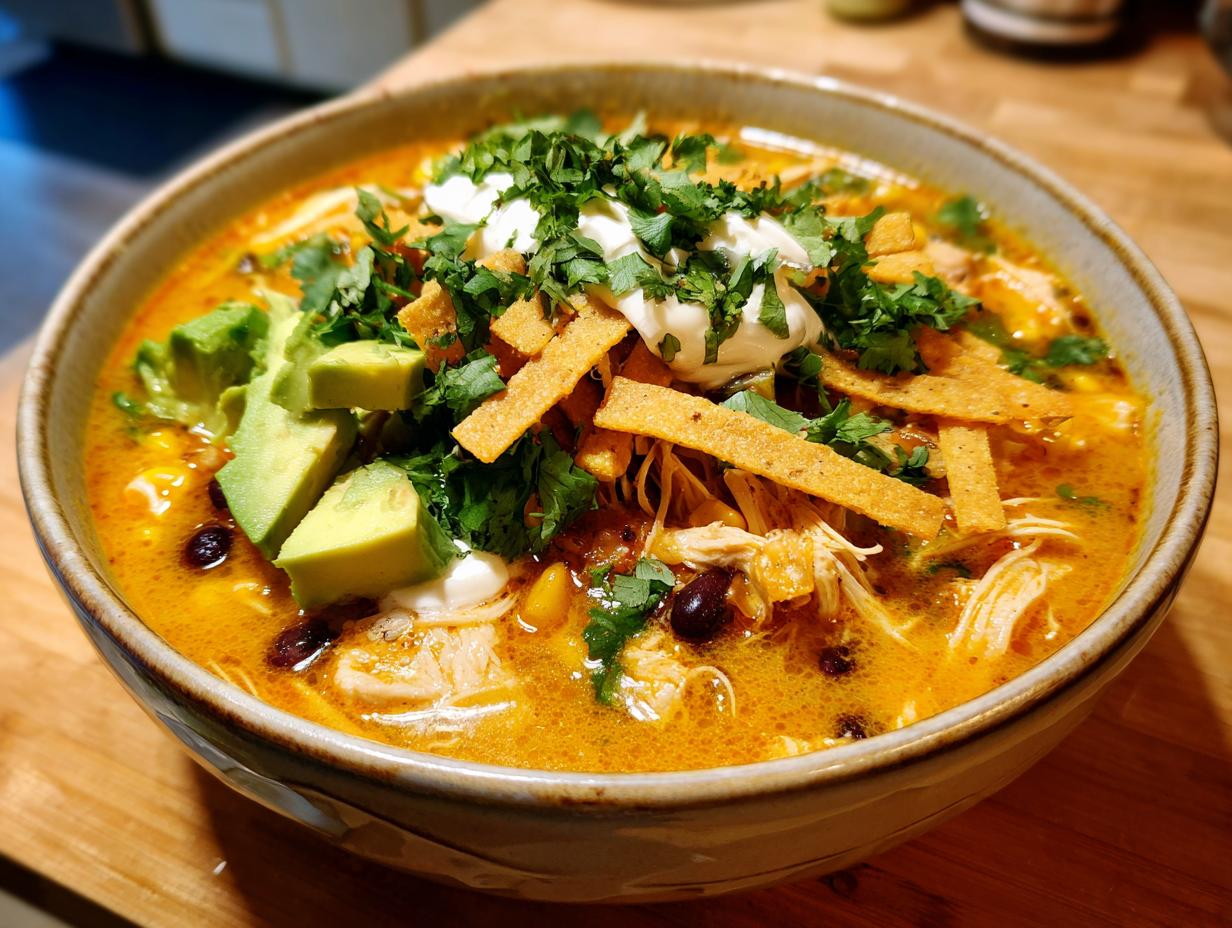 Close-up of a bowl of creamy chicken tortilla soup topped with avocado, sour cream, and tortilla strips.