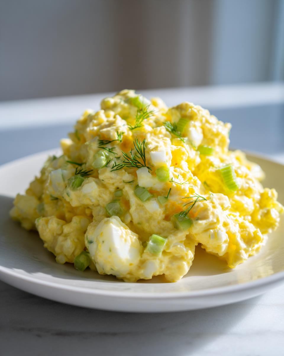 A mound of creamy, yellow egg salad recipe mixed with chopped celery and garnished with fresh dill on a white plate.