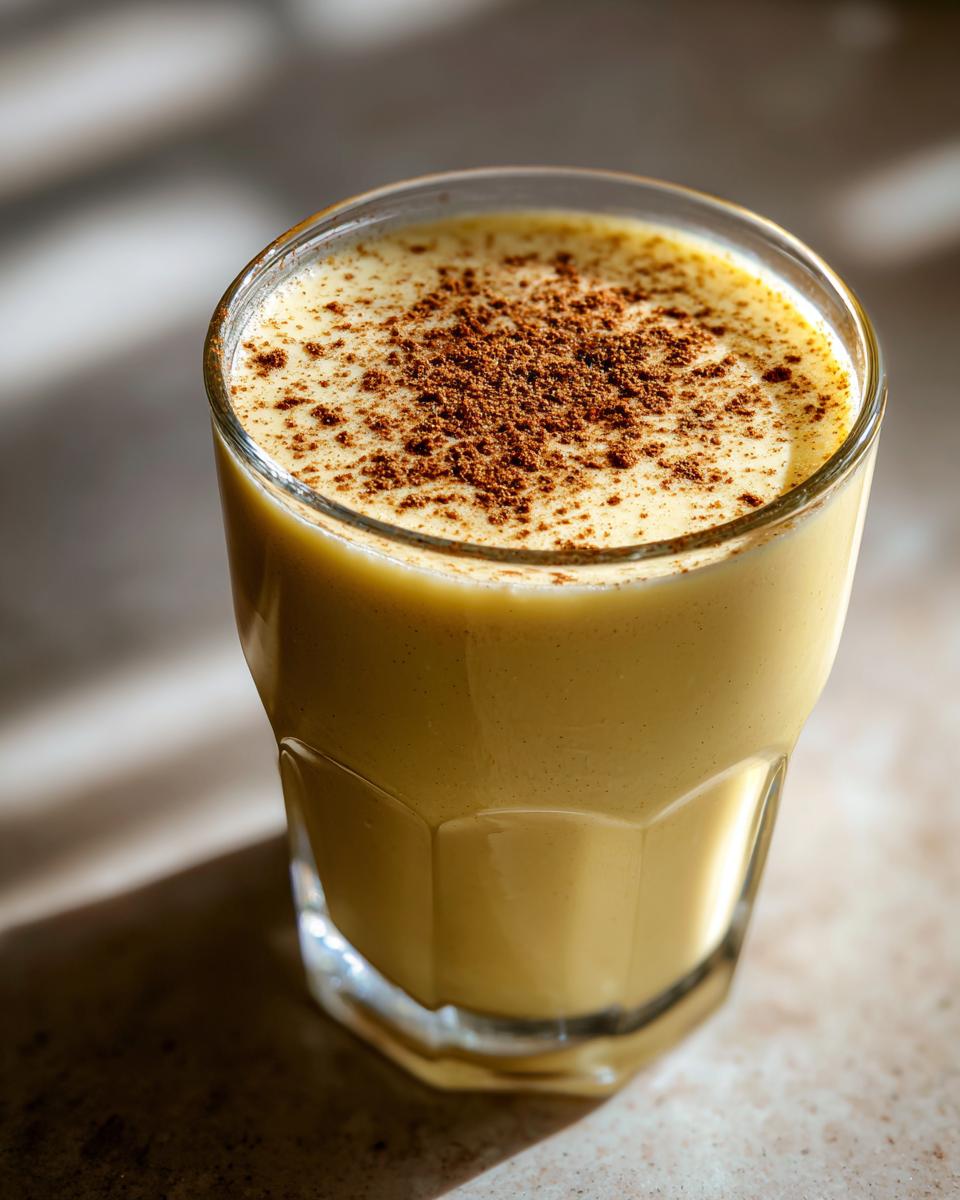Close-up of a glass filled with creamy yellow eggnog, topped generously with ground cinnamon.