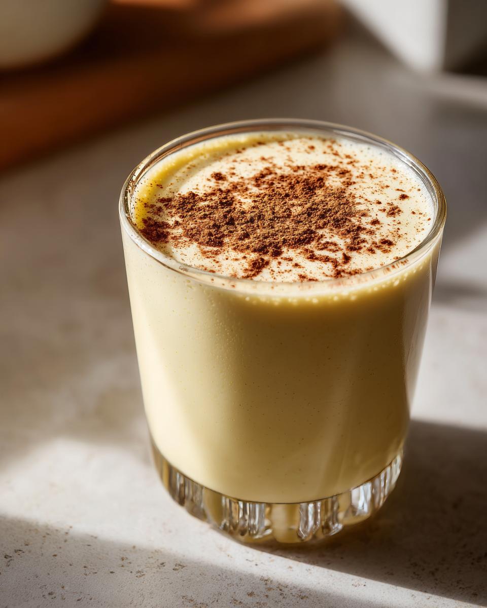 A close-up of a glass filled with creamy, yellow eggnog, topped generously with ground cinnamon.