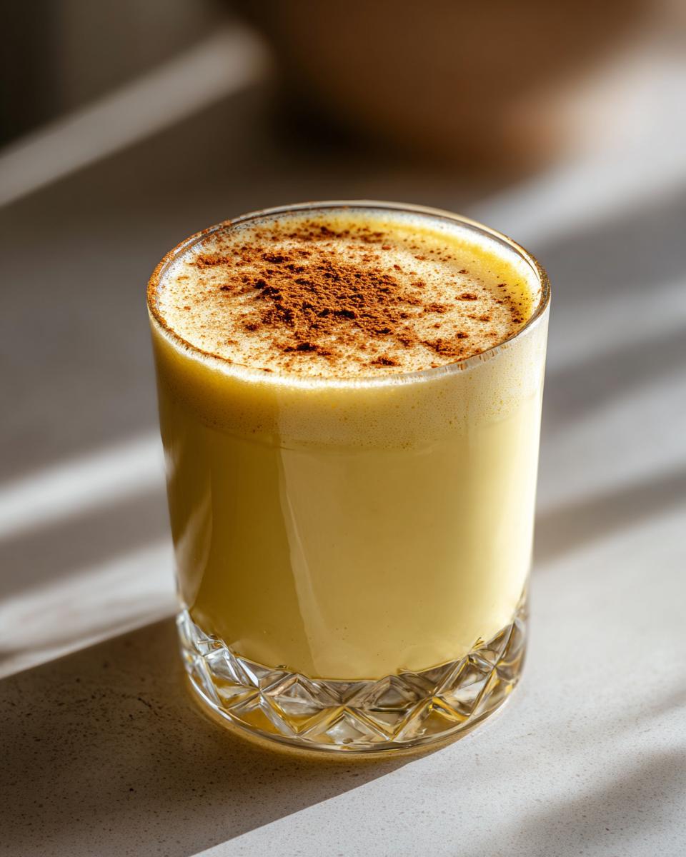 A close-up of a creamy, yellow glass of homemade eggnog topped generously with ground cinnamon.