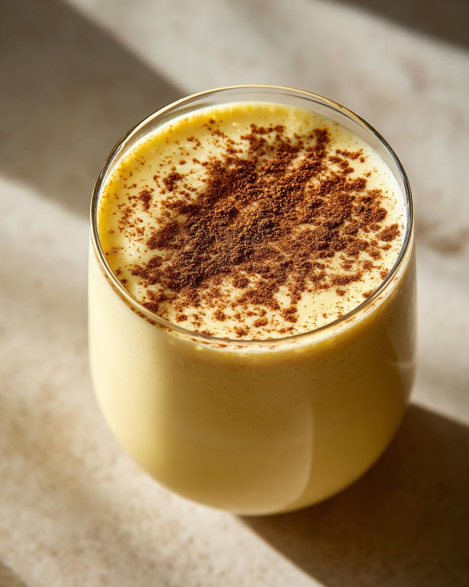 Close-up of a glass filled with creamy yellow eggnog, generously topped with ground cinnamon.