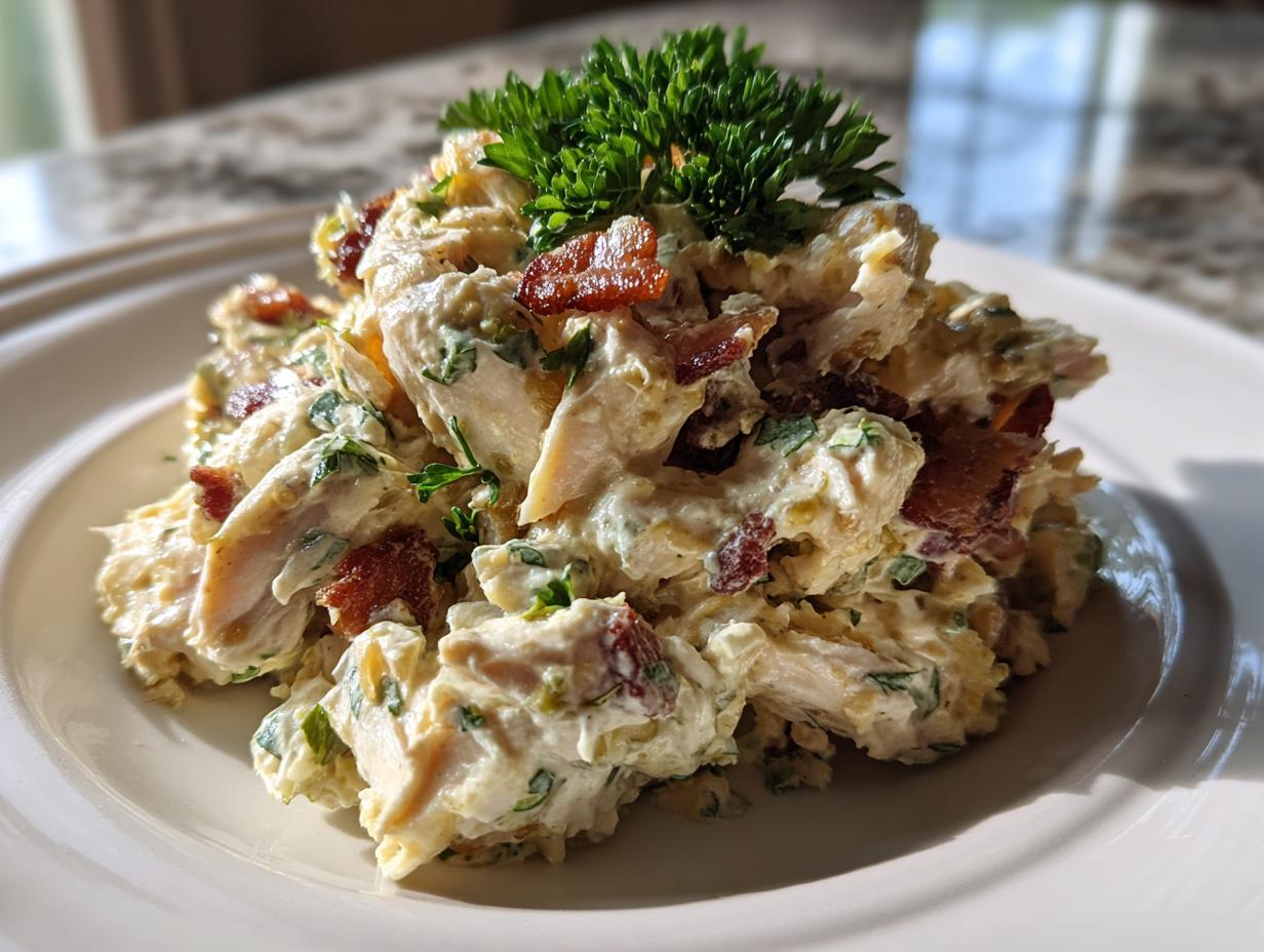 A mound of creamy honey mustard chicken salad mixed with bacon bits and topped with fresh parsley.
