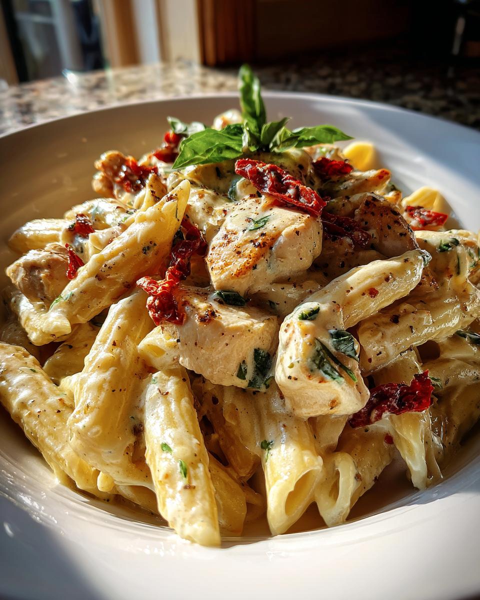 Close-up of a bowl of creamy marry me chicken pasta featuring penne, diced chicken, and sun-dried tomatoes, garnished with basil.