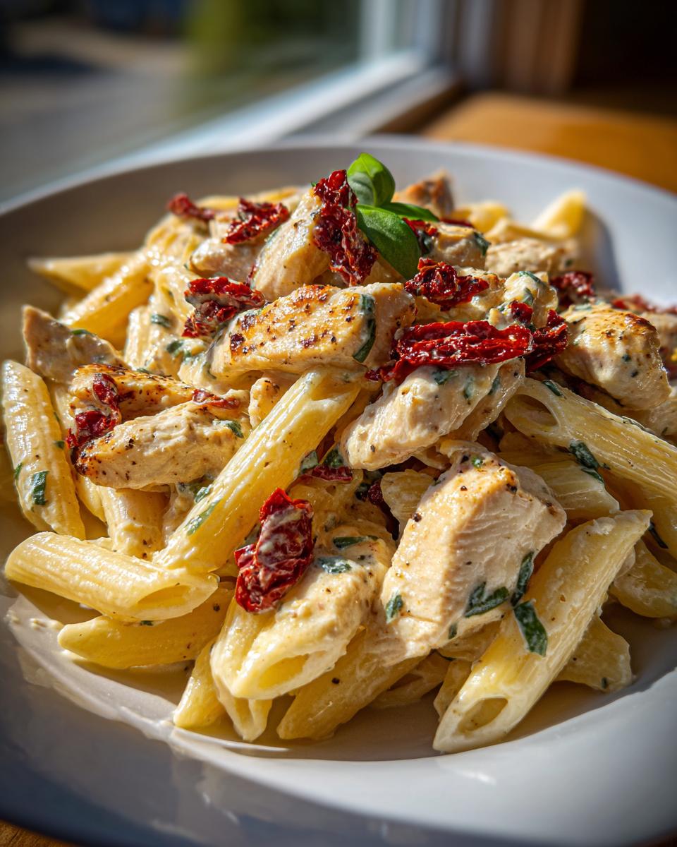A close-up, bright photo of creamy marry me chicken pasta featuring penne, grilled chicken pieces, and sun-dried tomatoes.