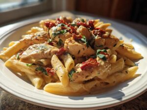 Close-up of a plate featuring creamy marry me chicken pasta, topped with sun-dried tomatoes and fresh basil.