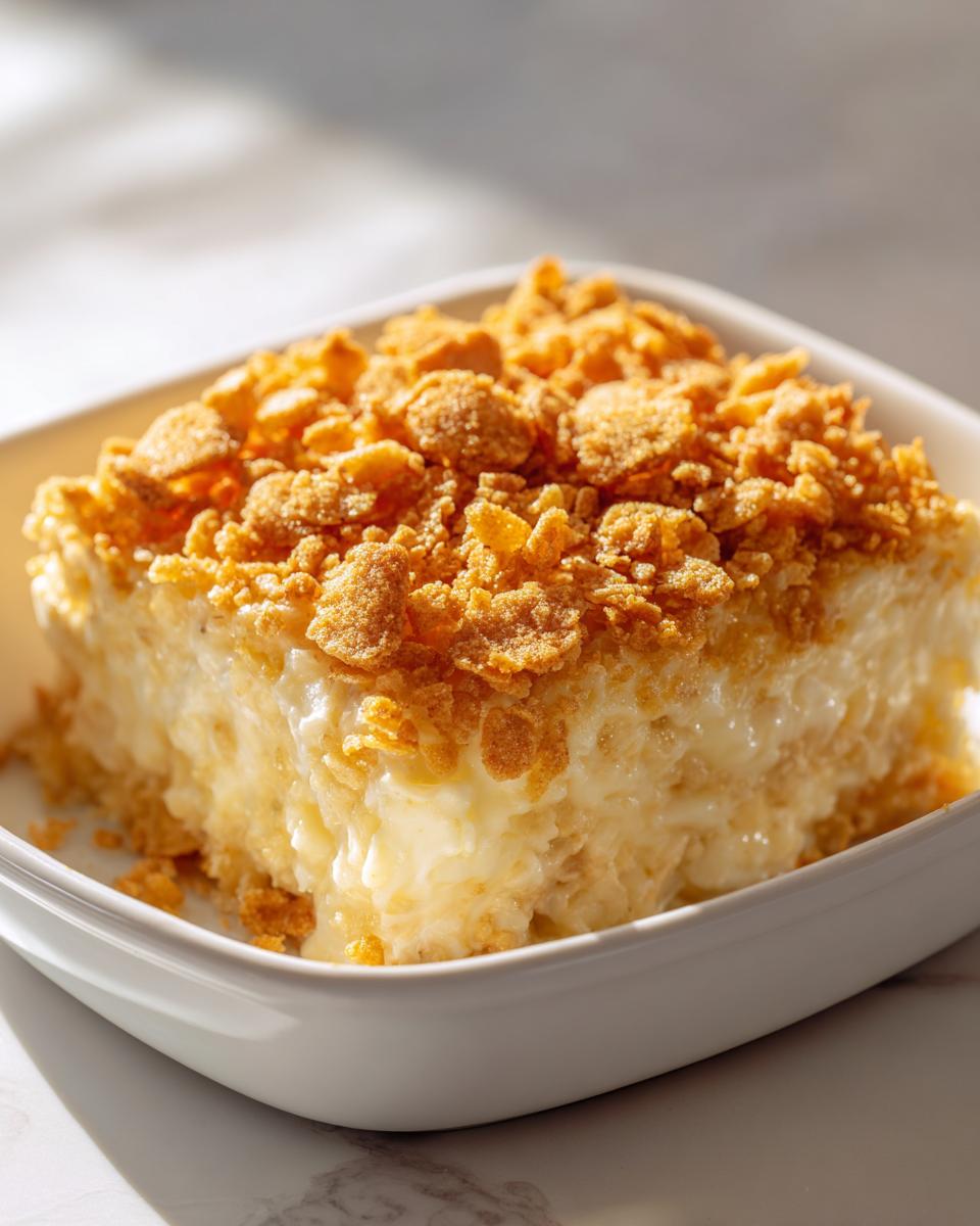 A rich, creamy slice of rice casserole topped generously with crunchy, golden cereal flakes.