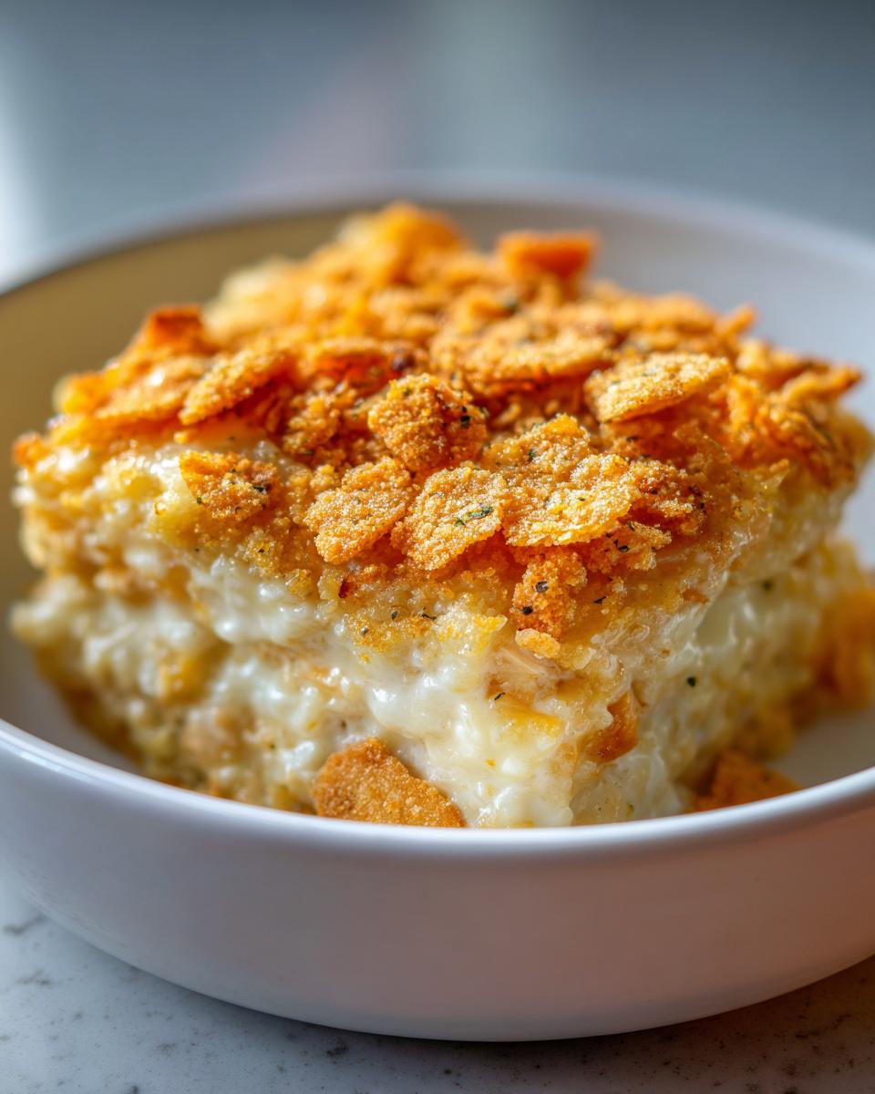 A close-up of a creamy, cheesy rice casserole slice topped with golden, crunchy cornflakes.