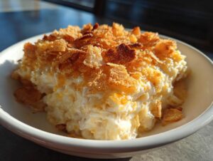 A close-up of a creamy rice casserole served in a white bowl, topped with golden, crunchy cornflakes.